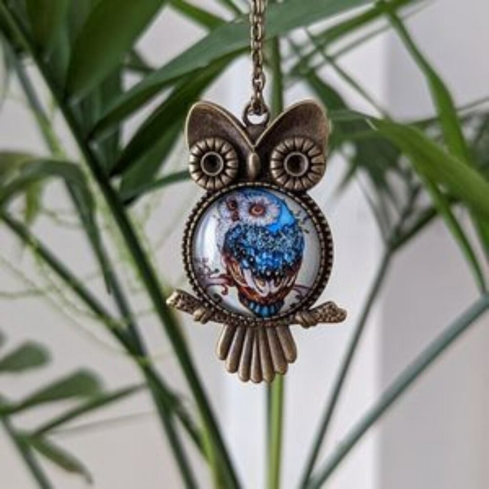 Owl Rustic Antique Gold Charm Cabochon Pendant Adjustable Statement Necklace